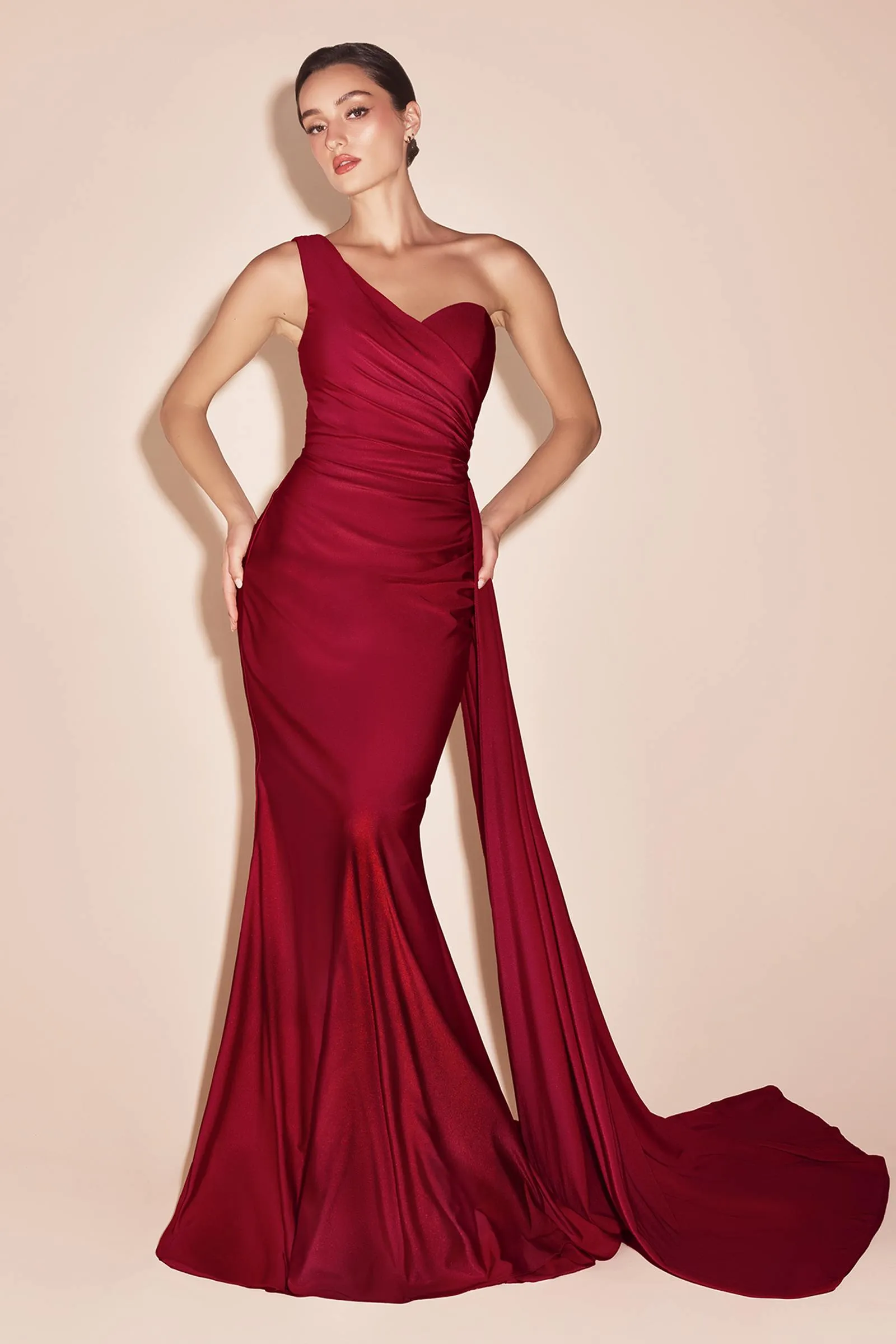 Ladivine PT004 Long Chic One Shoulder Stretch Satin Side Sash Gown