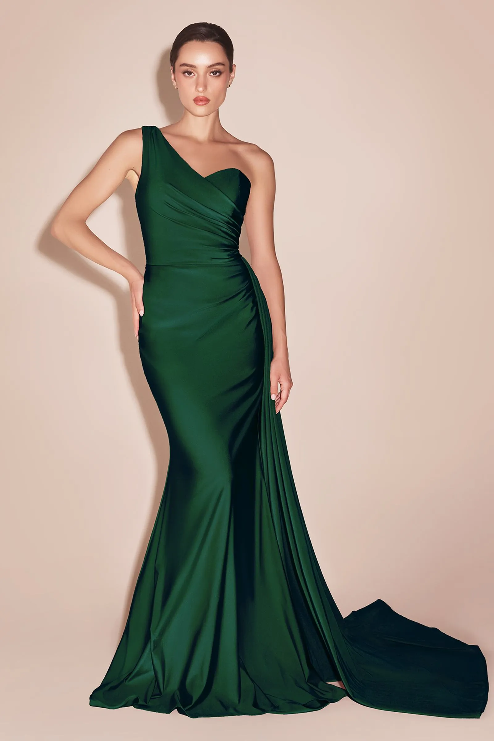 Ladivine PT004 Long Chic One Shoulder Stretch Satin Side Sash Gown