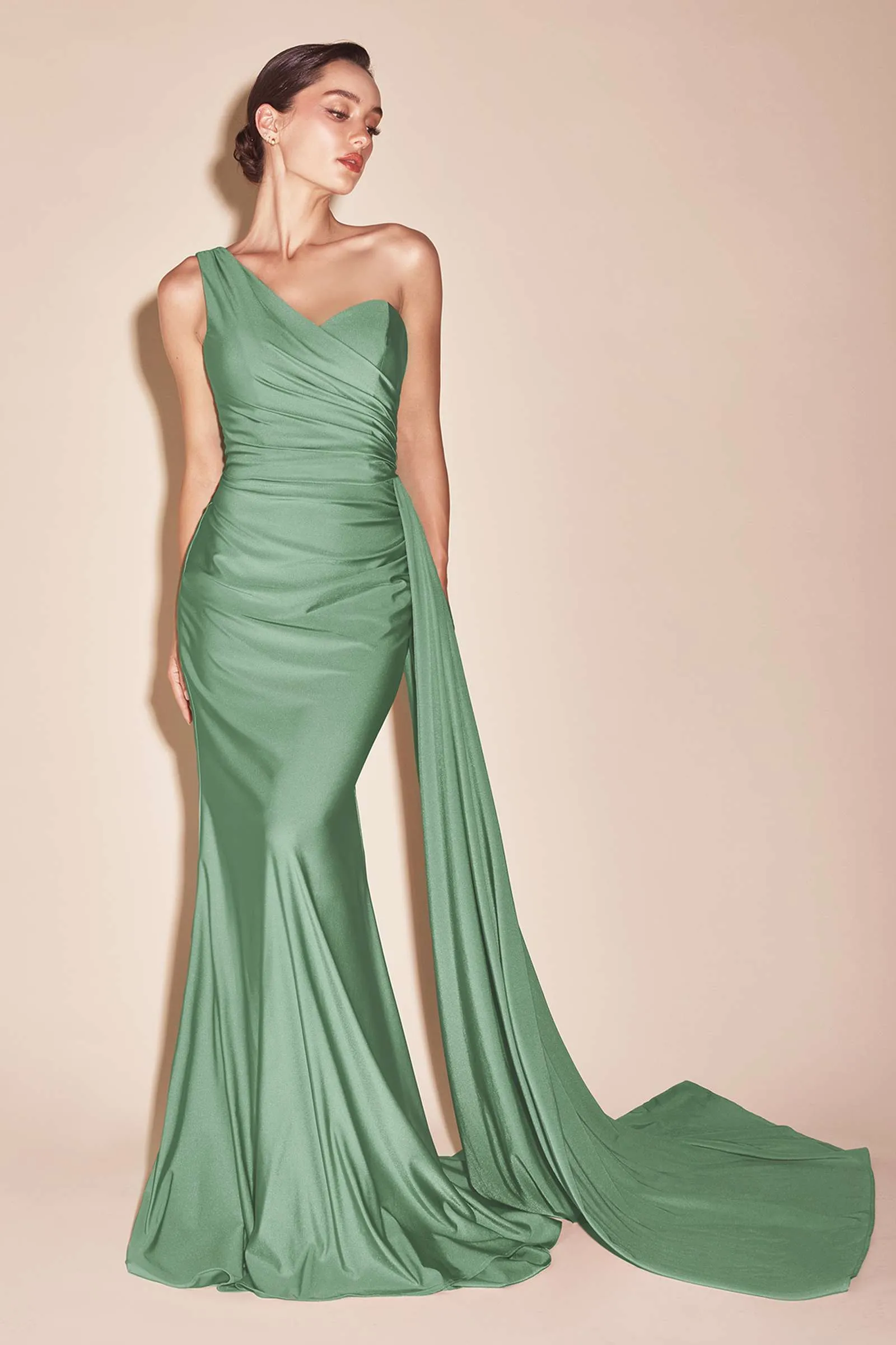 Ladivine PT004 Long Chic One Shoulder Stretch Satin Side Sash Gown
