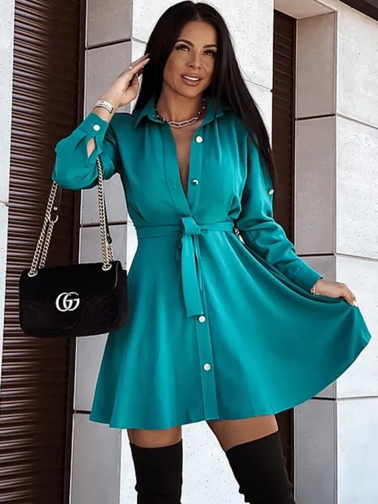 Long Sleeve Solid Button Down Shirt Dresses