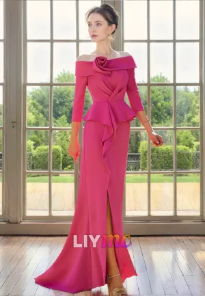M1183 - Off-Shoulder Long Sleeves Ruched Floral Side Slit Sleek Satin Mother of Bride Cocktail Dress