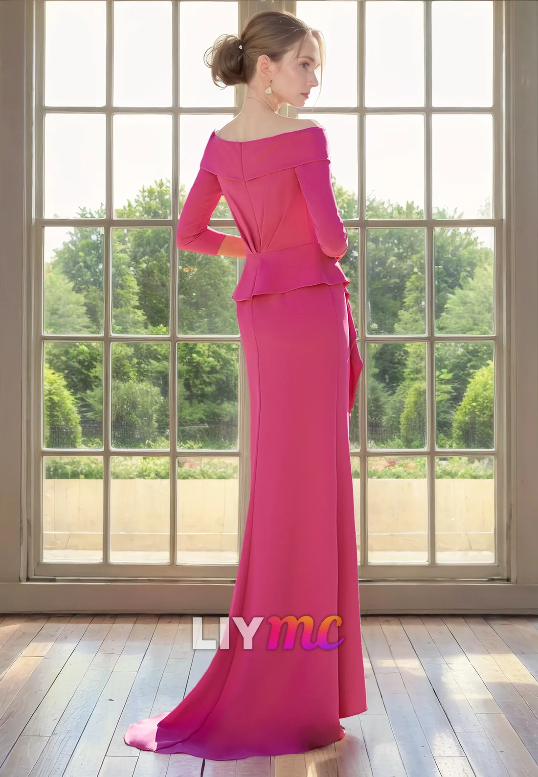 M1183 - Off-Shoulder Long Sleeves Ruched Floral Side Slit Sleek Satin Mother of Bride Cocktail Dress