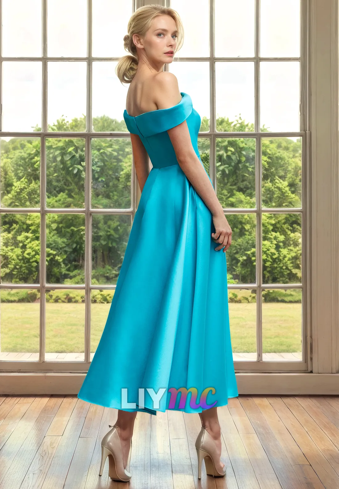 M1284 - Off-Shoulder Strapless A-Line Pleated Sleek Satin Mother of Bride Dress Cocktail Dress