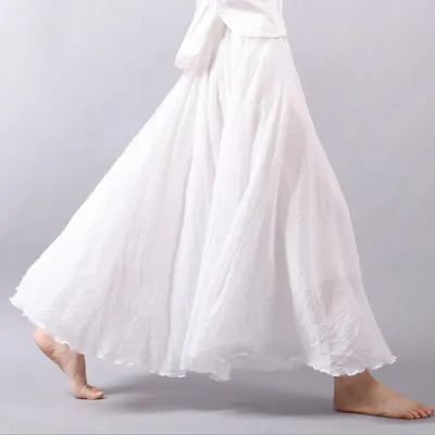 Maxi Skirt Pleated Vintage Boho Maxi Long Casual Cotton Beach Skirt Empire A-Line Linen Skirt Ladies