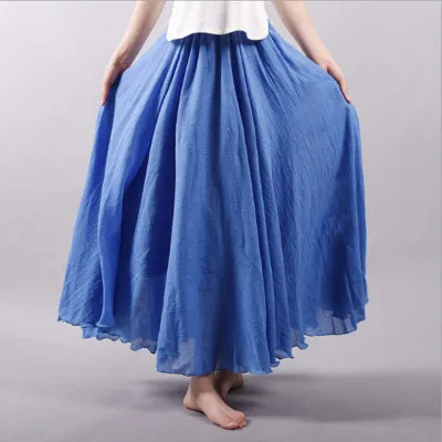Maxi Skirt Pleated Vintage Boho Maxi Long Casual Cotton Beach Skirt Empire A-Line Linen Skirt Ladies