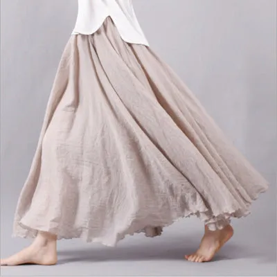 Maxi Skirt Pleated Vintage Boho Maxi Long Casual Cotton Beach Skirt Empire A-Line Linen Skirt Ladies