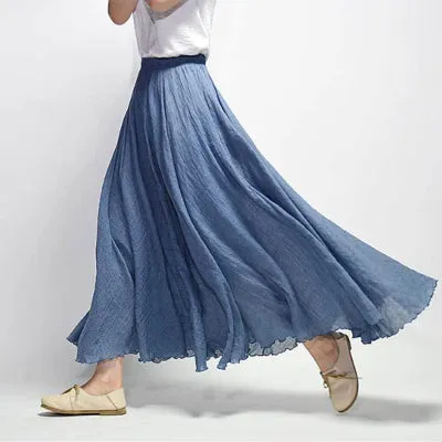 Maxi Skirt Pleated Vintage Boho Maxi Long Casual Cotton Beach Skirt Empire A-Line Linen Skirt Ladies