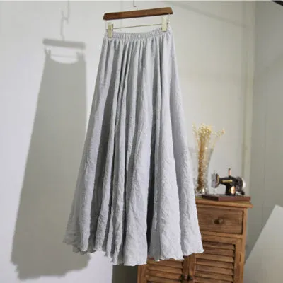 Maxi Skirt Pleated Vintage Boho Maxi Long Casual Cotton Beach Skirt Empire A-Line Linen Skirt Ladies