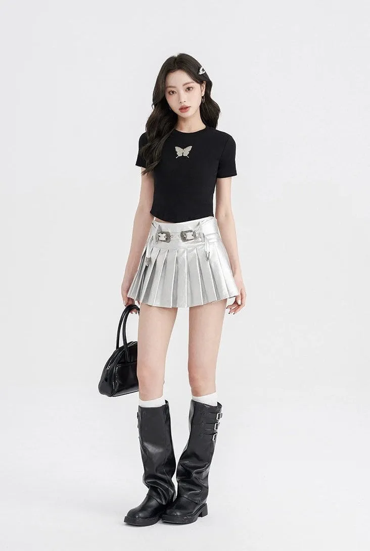 Metallic Pleated Mini Skirt with Buckle Details