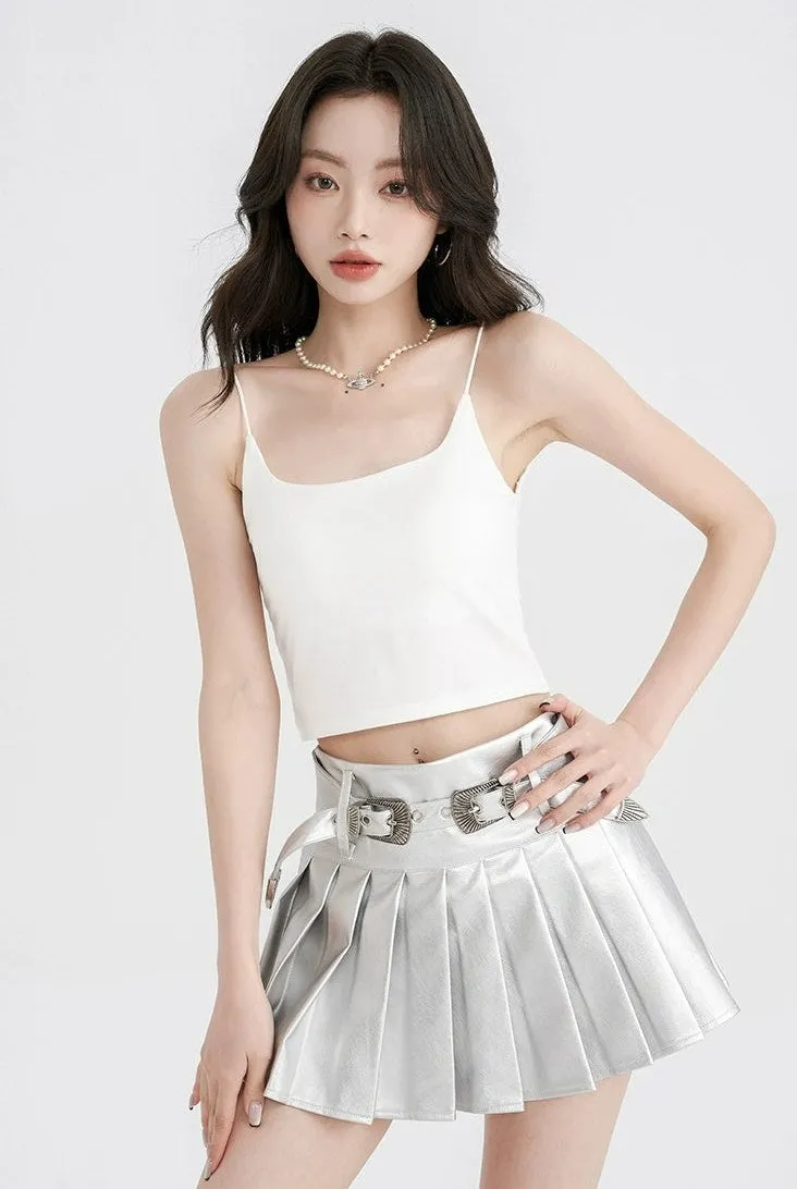 Metallic Pleated Mini Skirt with Buckle Details