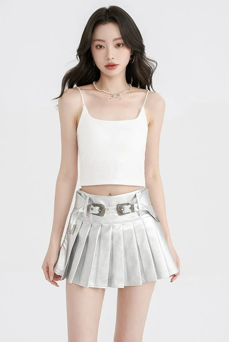 Metallic Pleated Mini Skirt with Buckle Details