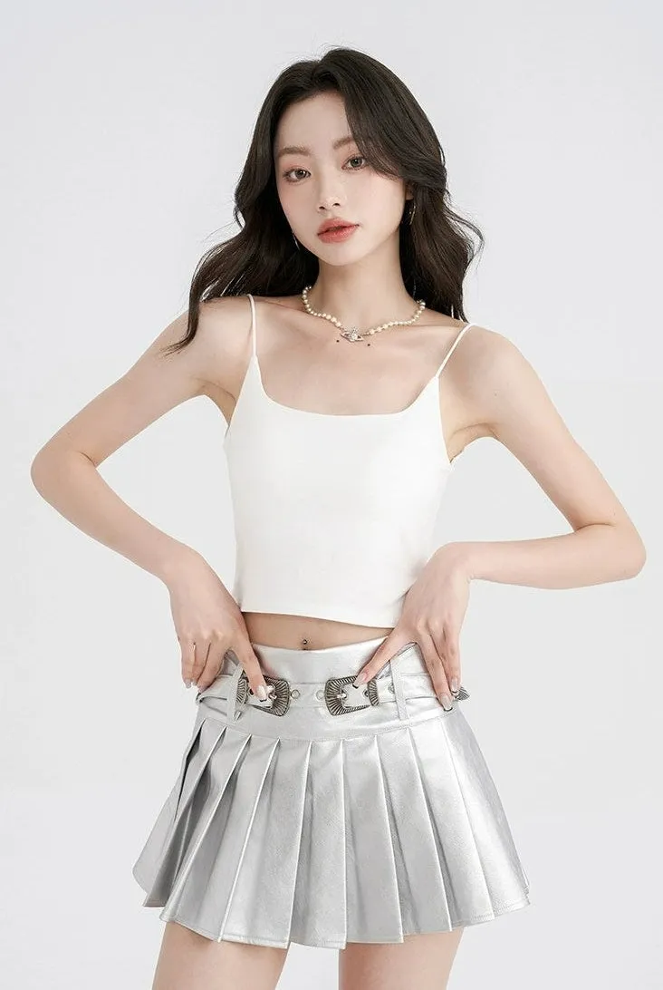 Metallic Pleated Mini Skirt with Buckle Details
