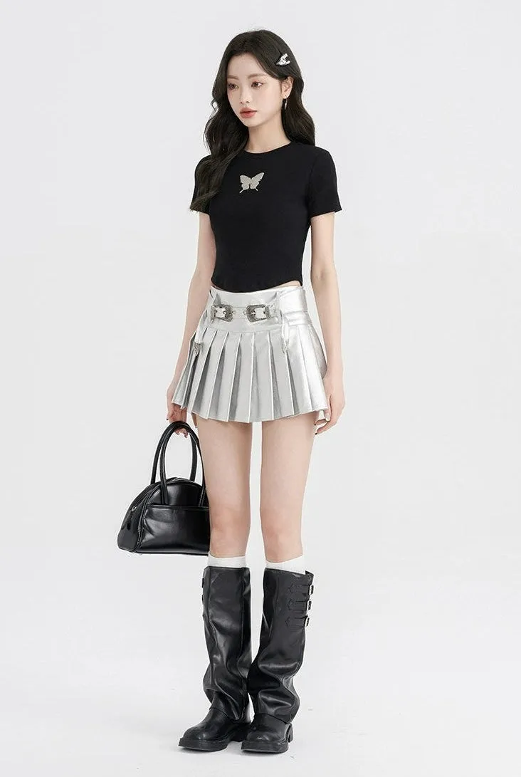 Metallic Pleated Mini Skirt with Buckle Details