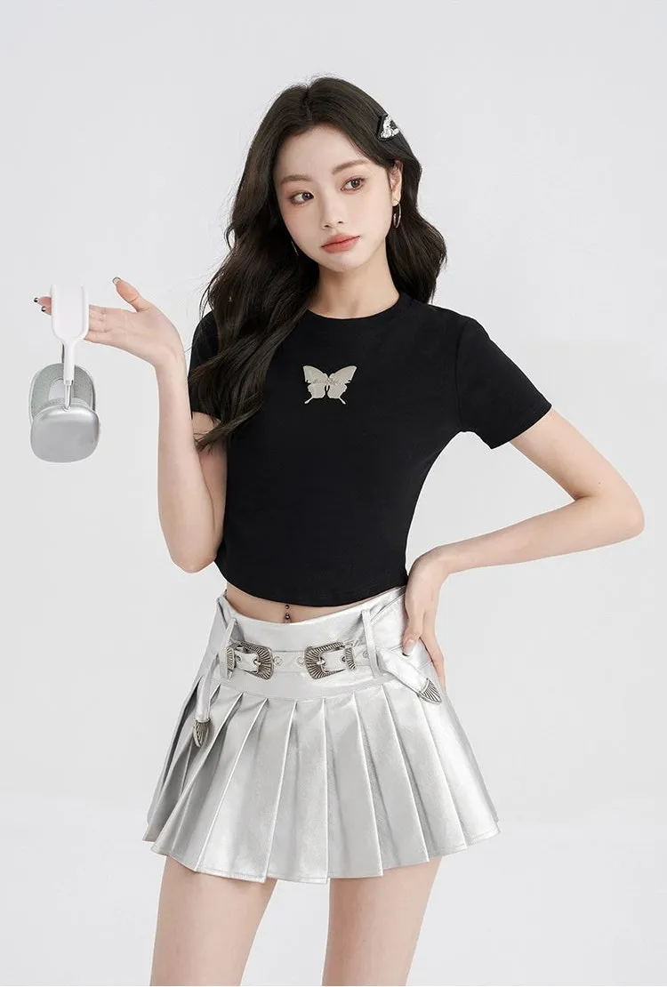 Metallic Pleated Mini Skirt with Buckle Details