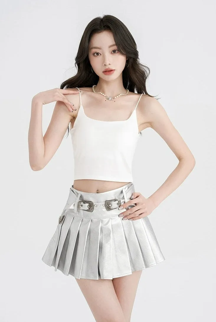 Metallic Pleated Mini Skirt with Buckle Details