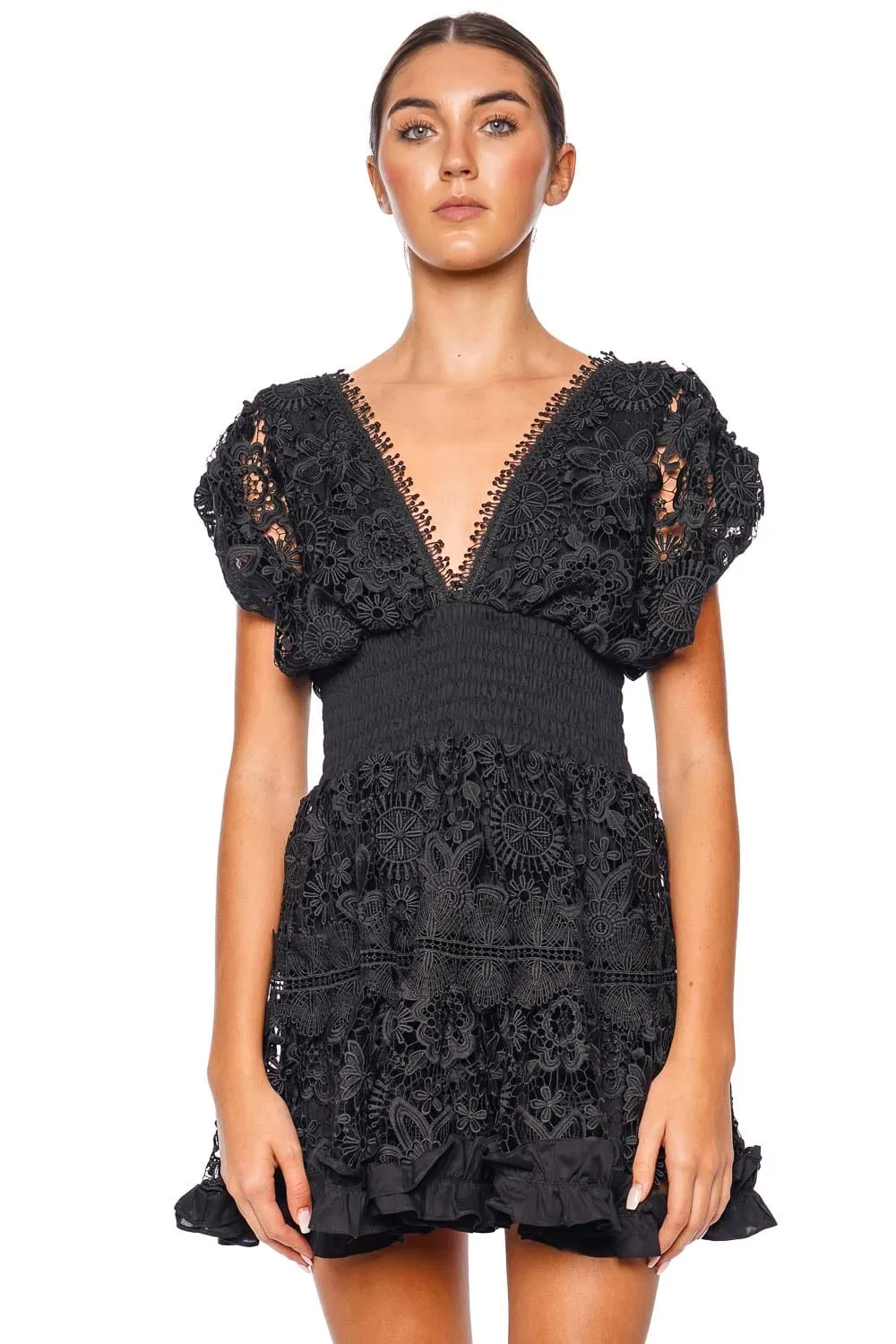 Morana Black Embroidered Lace Mini Dress