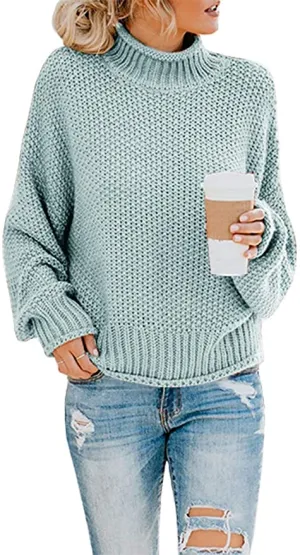 New EINCcm Women's Pure Color Turtleneck Oversized Batwing Long Sleeve Pullover Loose Chunky Knit! Light Blue, Sz M!