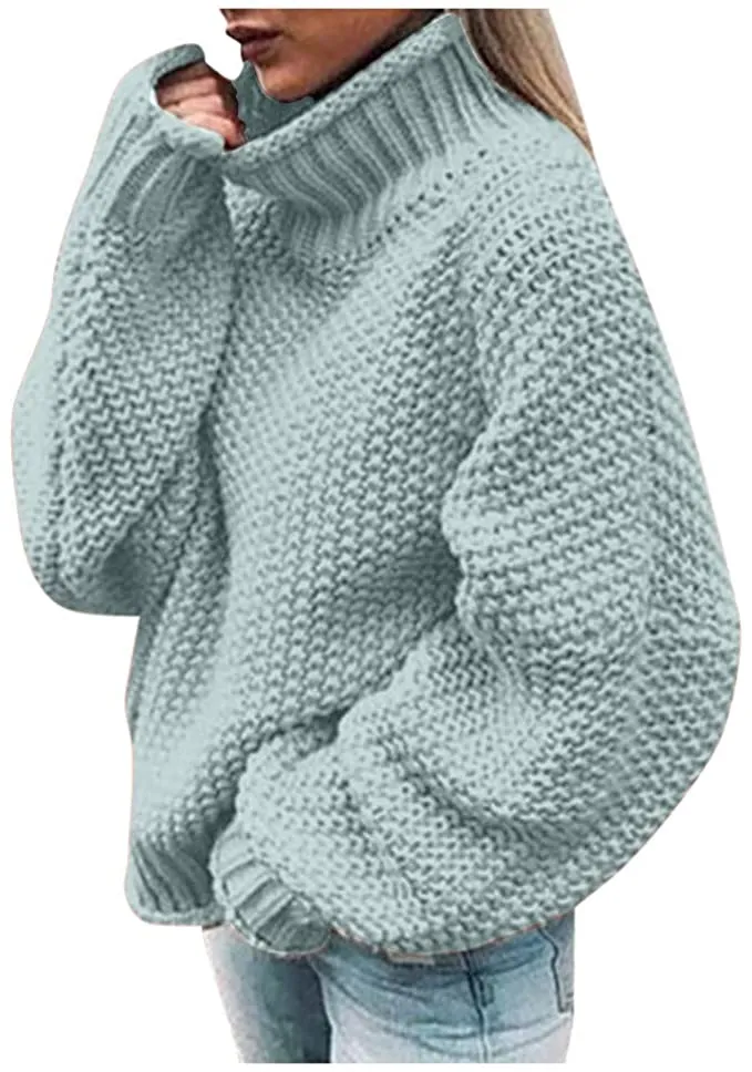 New EINCcm Women's Pure Color Turtleneck Oversized Batwing Long Sleeve Pullover Loose Chunky Knit! Light Blue, Sz M!