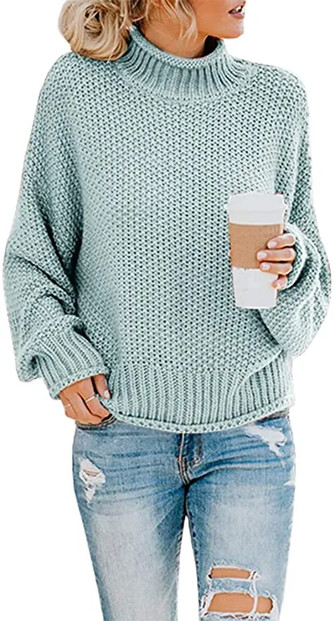 New EINCcm Women's Pure Color Turtleneck Oversized Batwing Long Sleeve Pullover Loose Chunky Knit! Light Blue, Sz M!