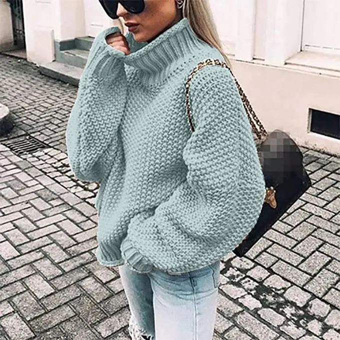 New EINCcm Women's Pure Color Turtleneck Oversized Batwing Long Sleeve Pullover Loose Chunky Knit! Light Blue, Sz M!