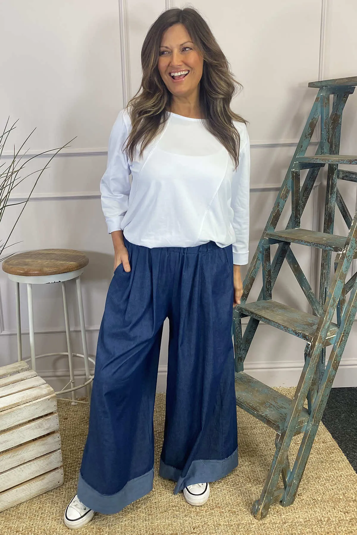 Odette Wide Leg Denim Trousers Mid Denim