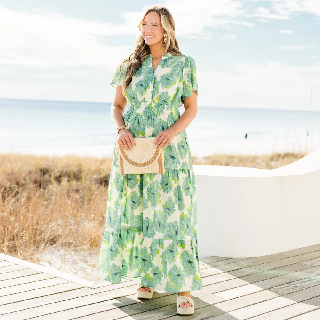 Pleated Petal Maxi Dress, Green