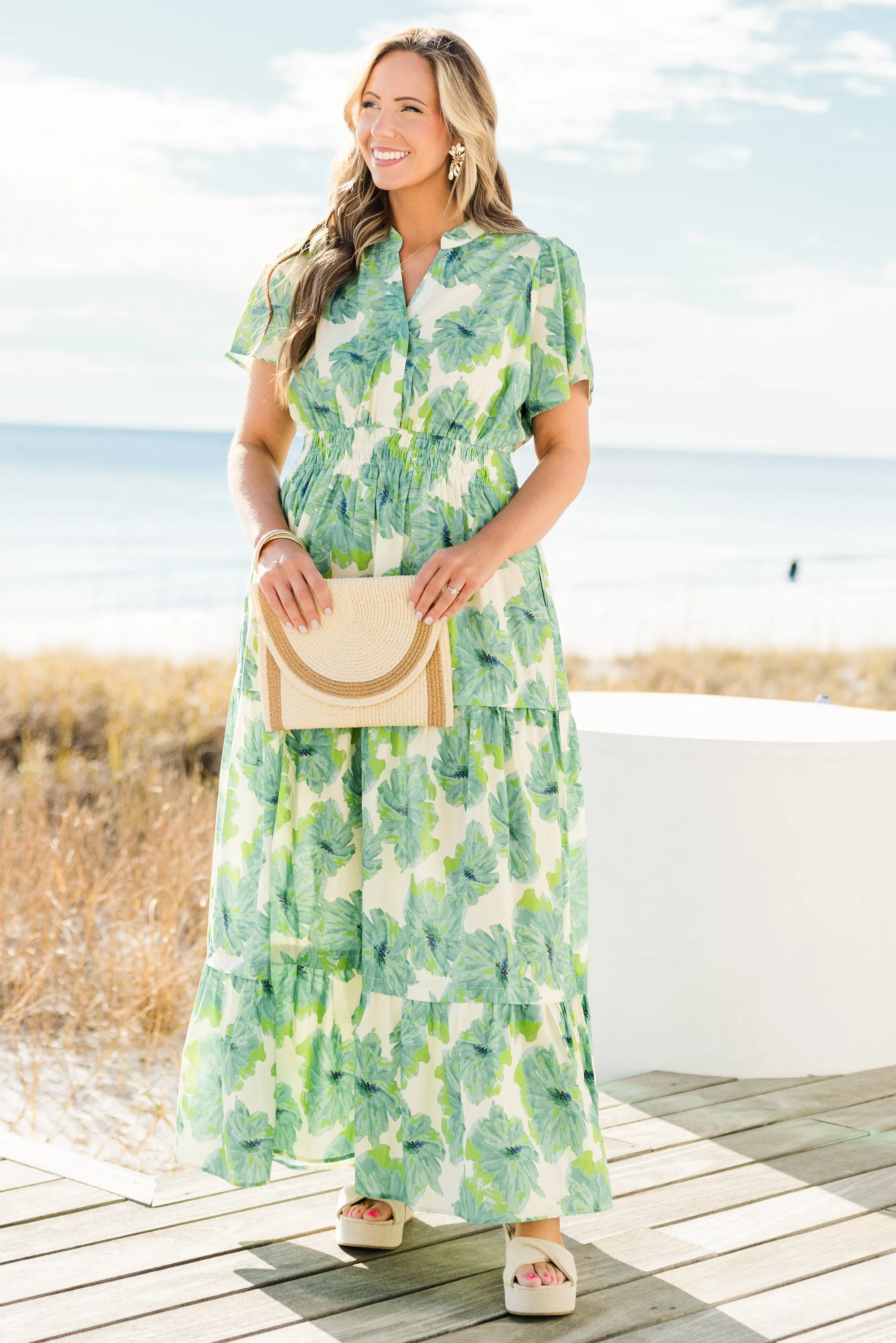 Pleated Petal Maxi Dress, Green