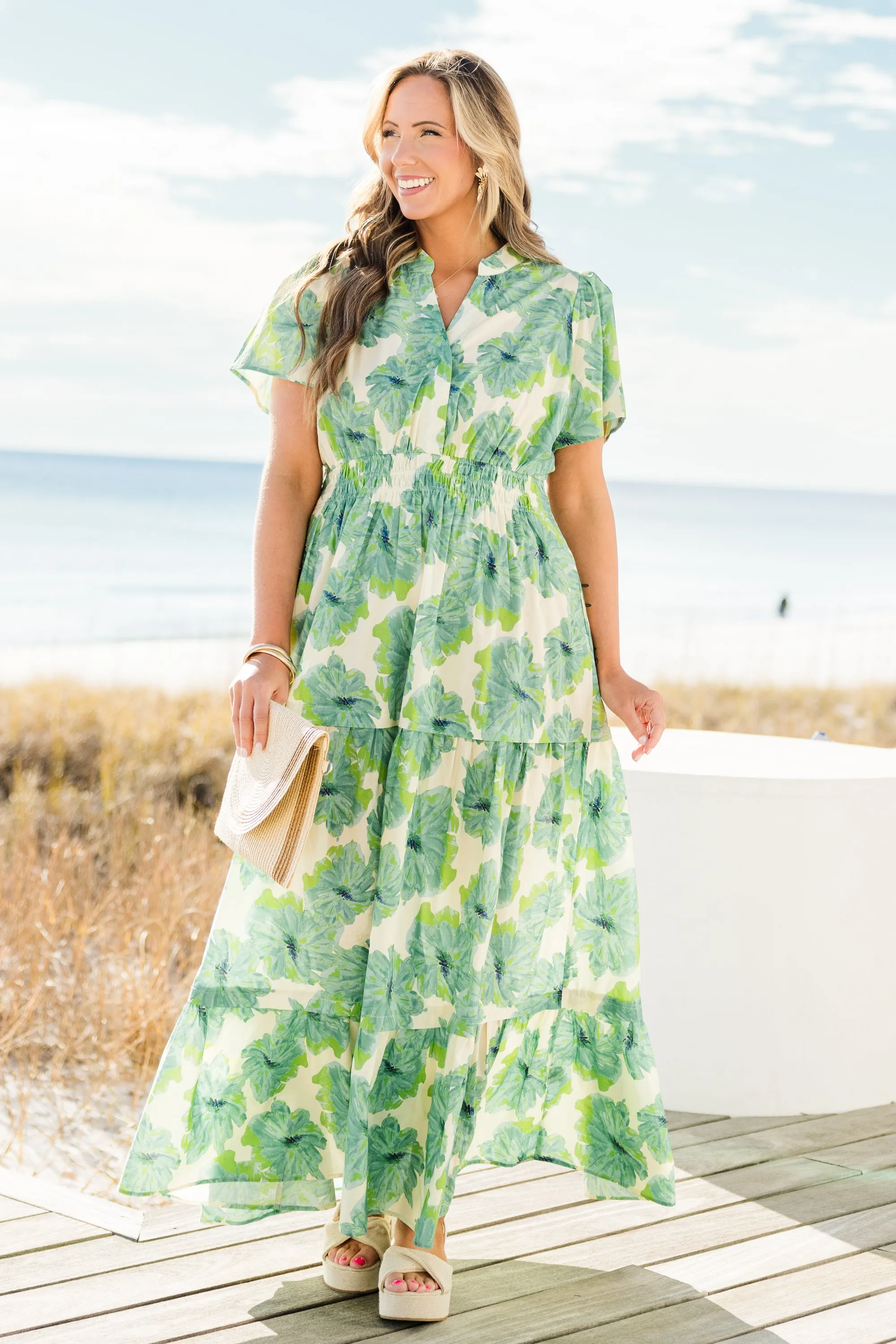 Pleated Petal Maxi Dress, Green
