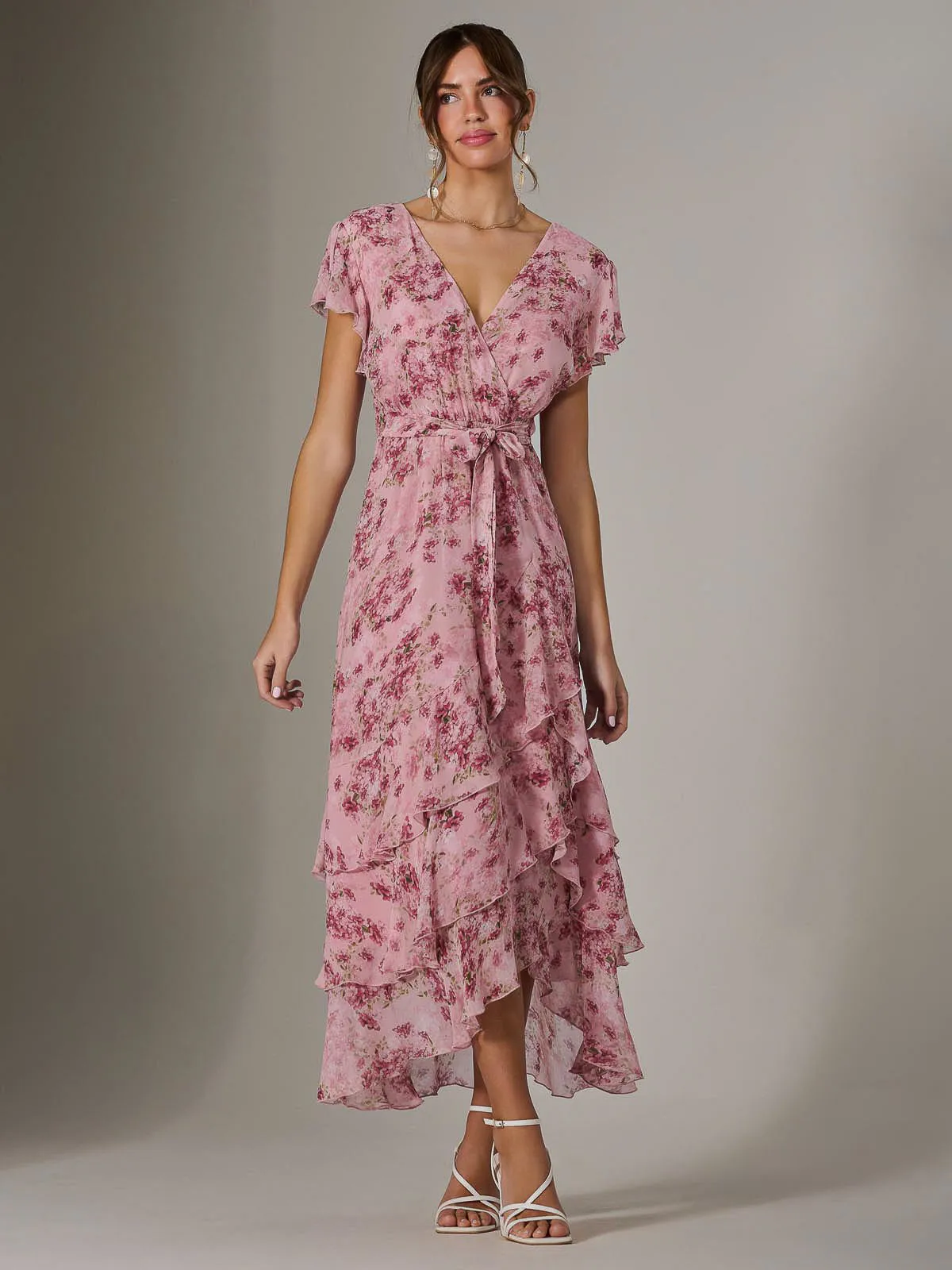 Printed Wrap Ruffle Maxi Dress, Pink Floral