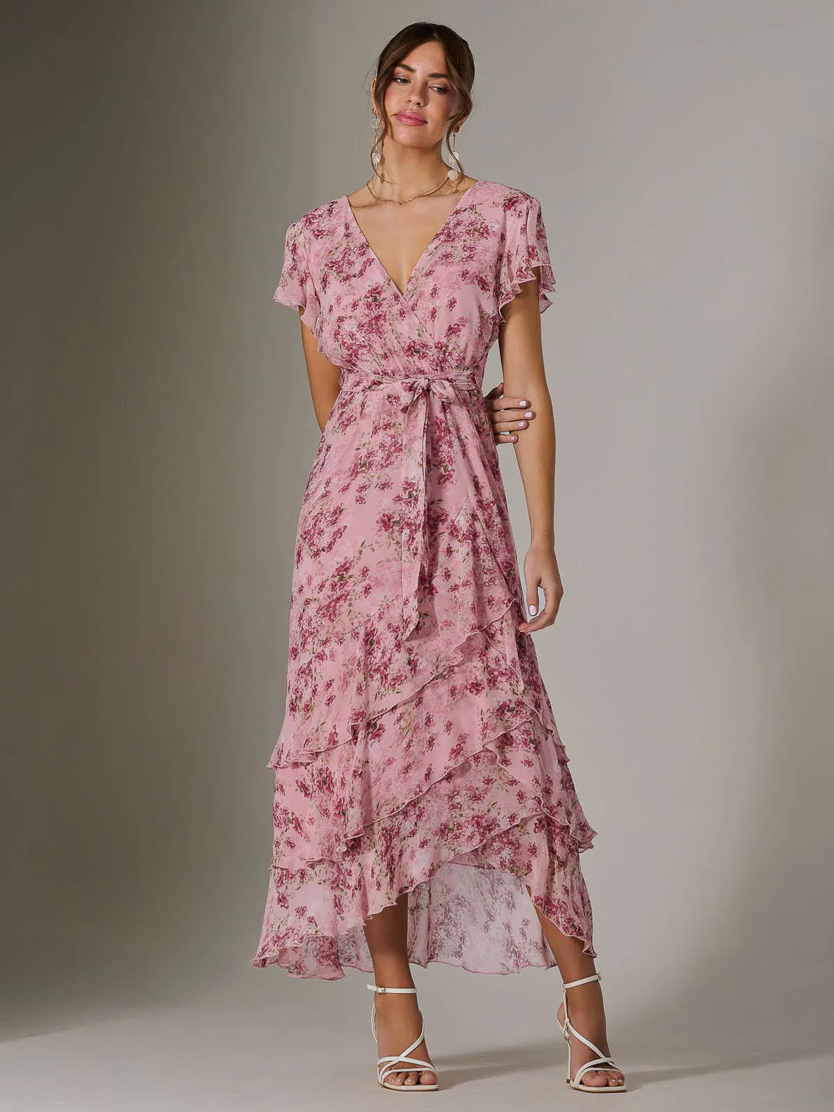 Printed Wrap Ruffle Maxi Dress, Pink Floral