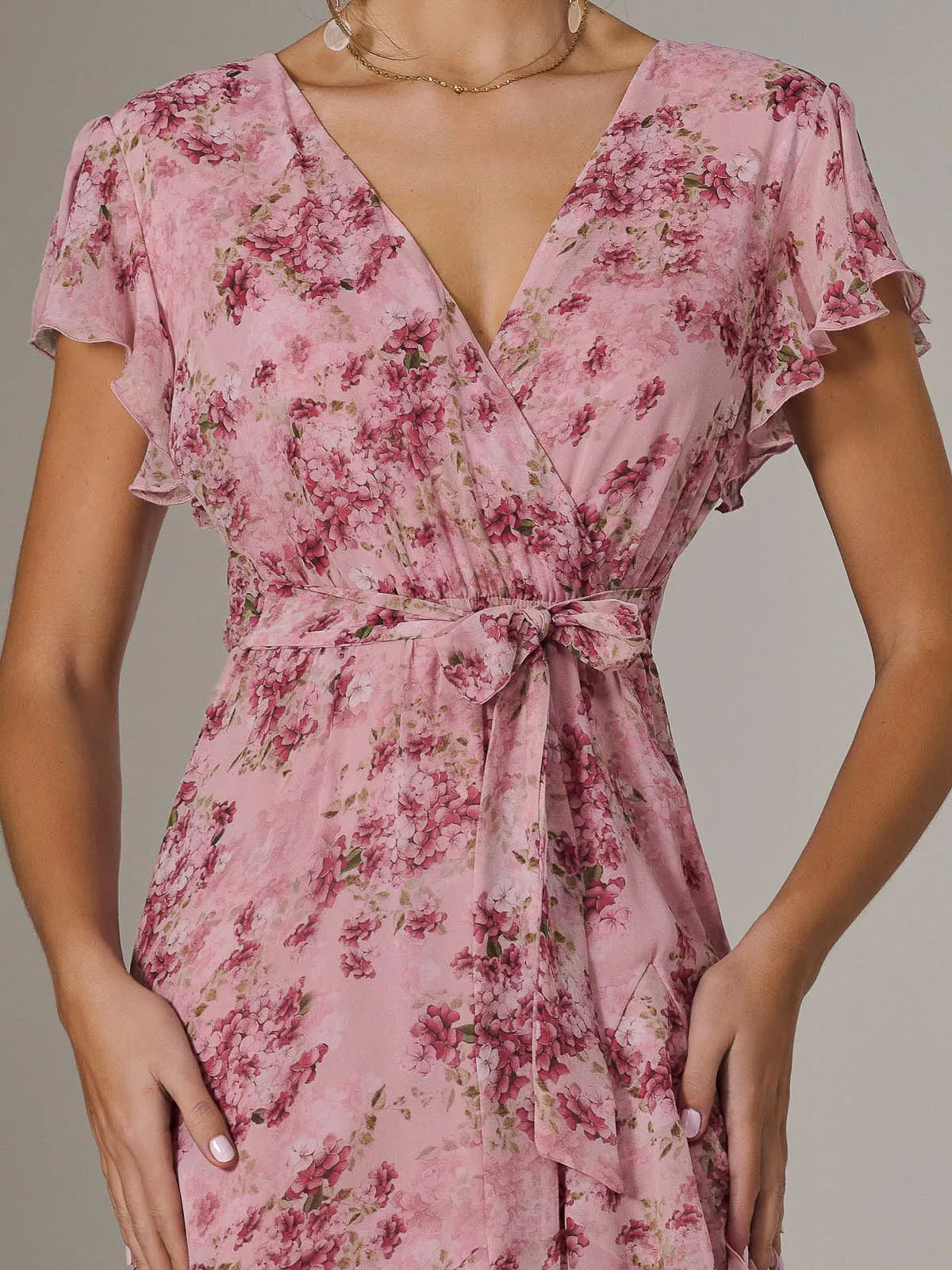 Printed Wrap Ruffle Maxi Dress, Pink Floral