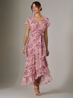 Printed Wrap Ruffle Maxi Dress, Pink Floral