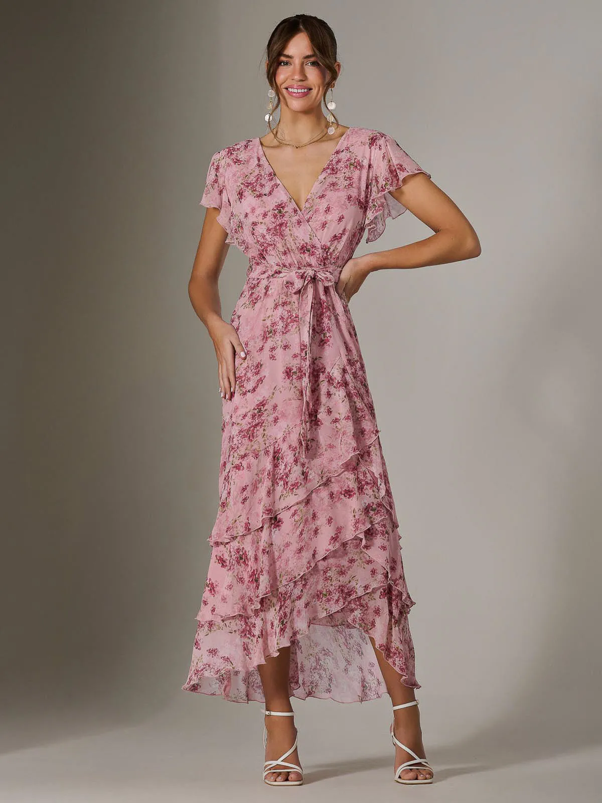 Printed Wrap Ruffle Maxi Dress, Pink Floral