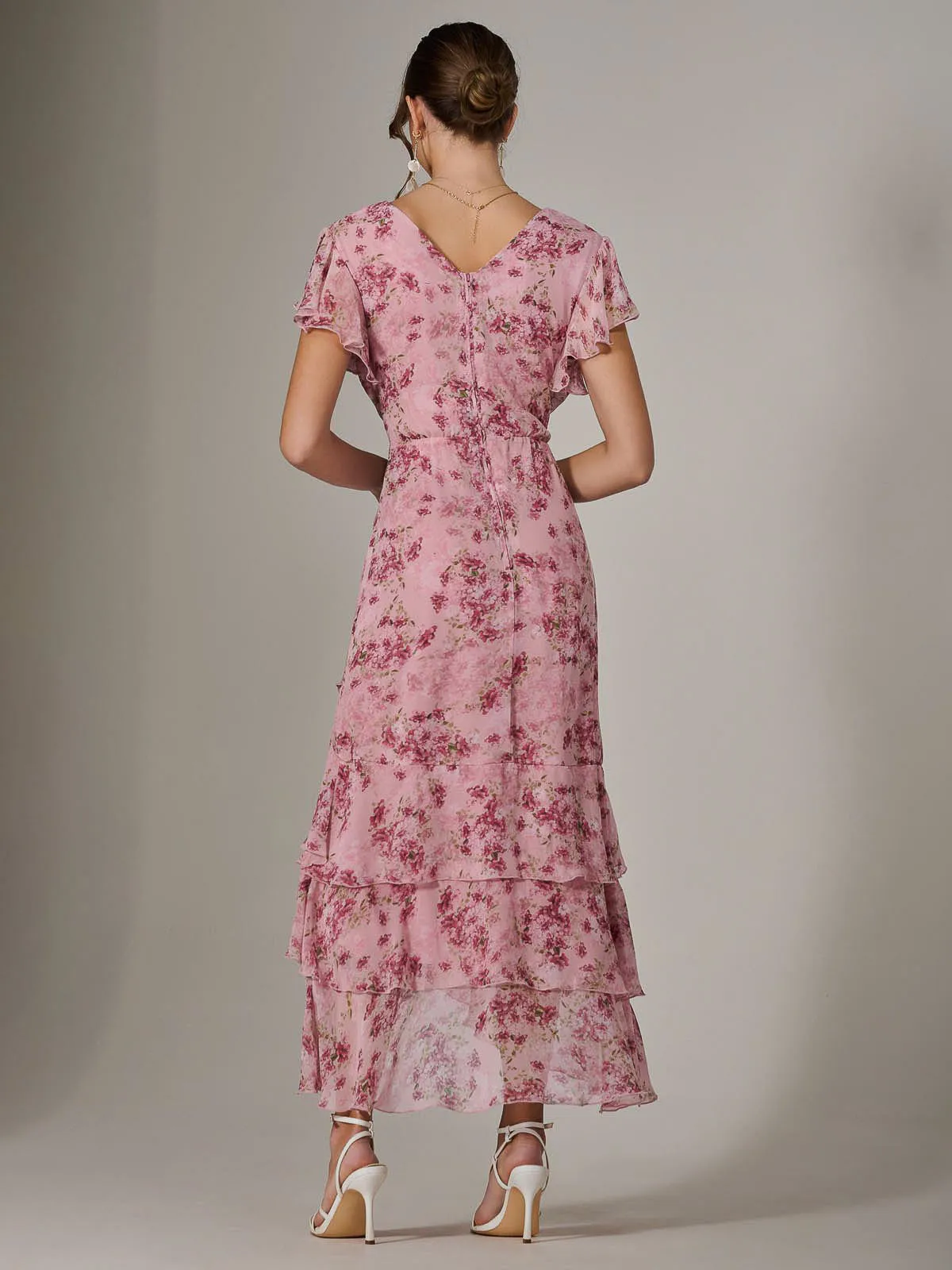 Printed Wrap Ruffle Maxi Dress, Pink Floral