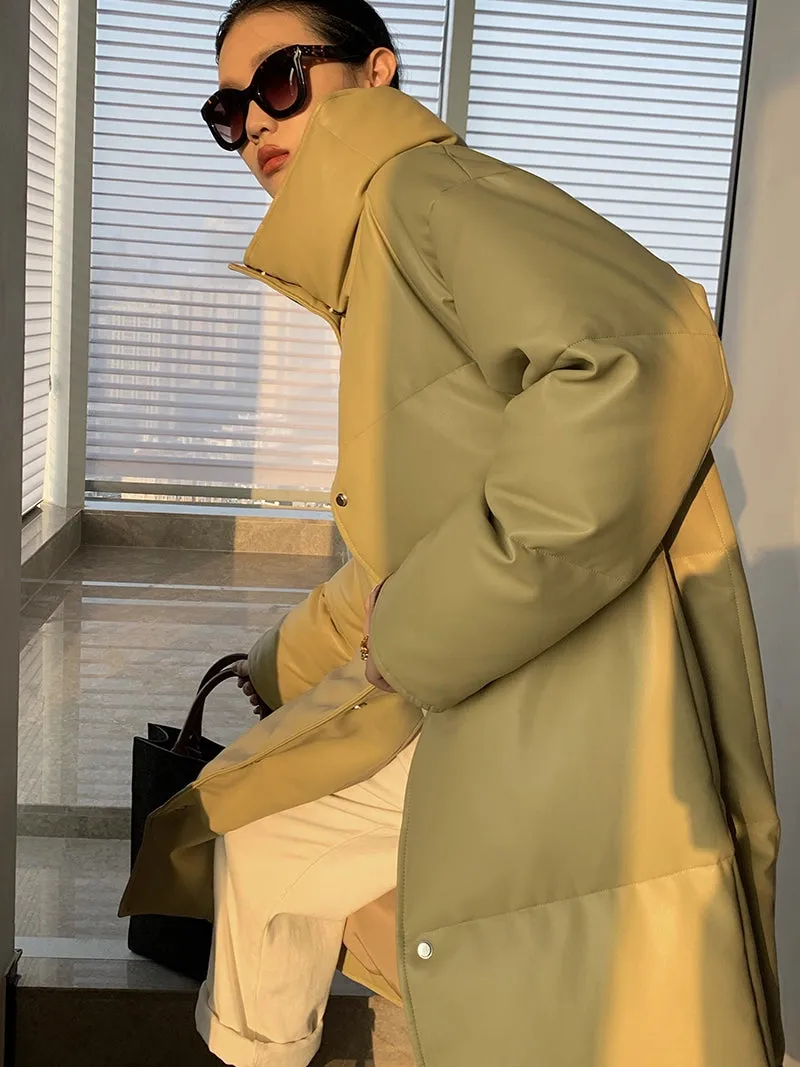PU Leather long plus down jacket coat - Kabara