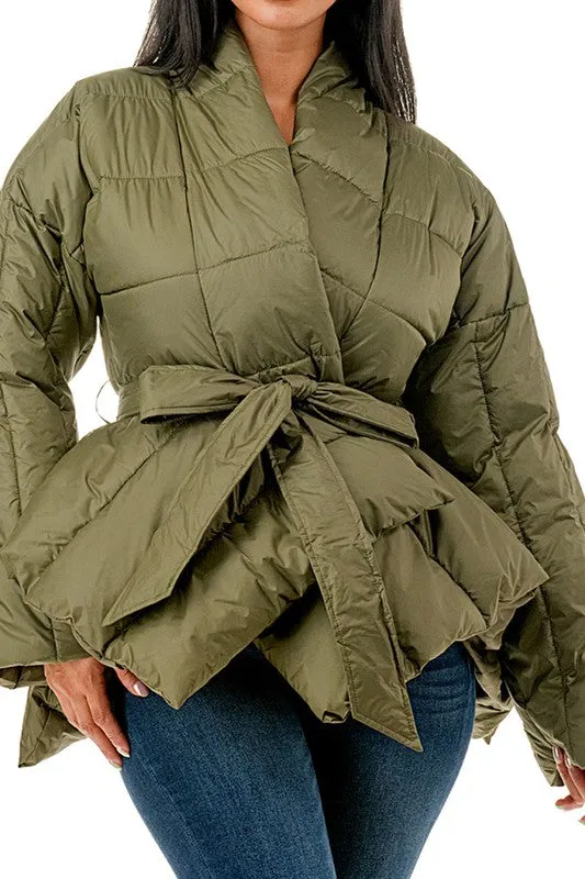 Puffer & Peplum  Belted Jacket (Olive)