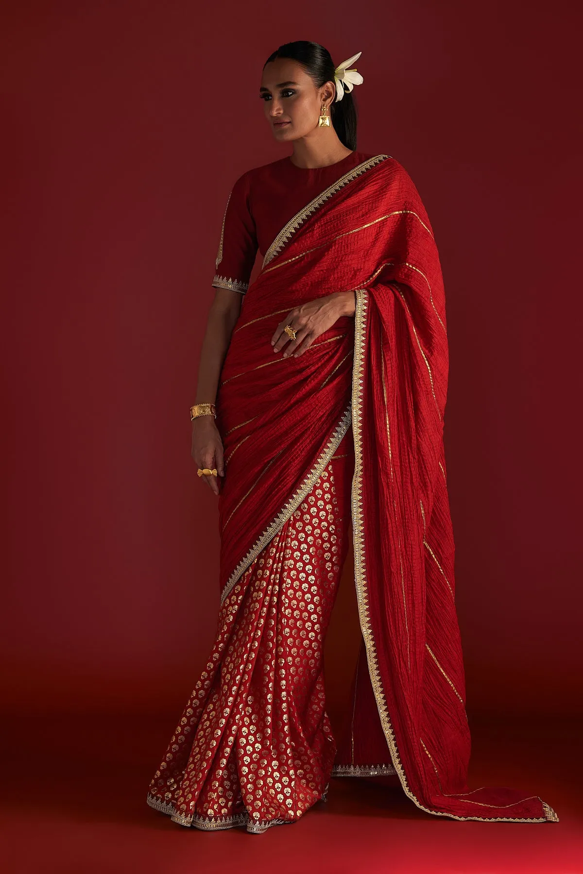 Red Crushed Honeycomb Saree