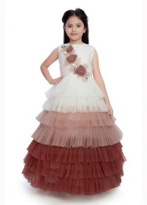 Rust Coloured Layered Pattern Maxi Dress Gown For Girls