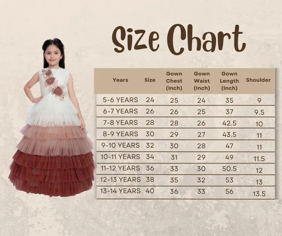 Rust Coloured Layered Pattern Maxi Dress Gown For Girls