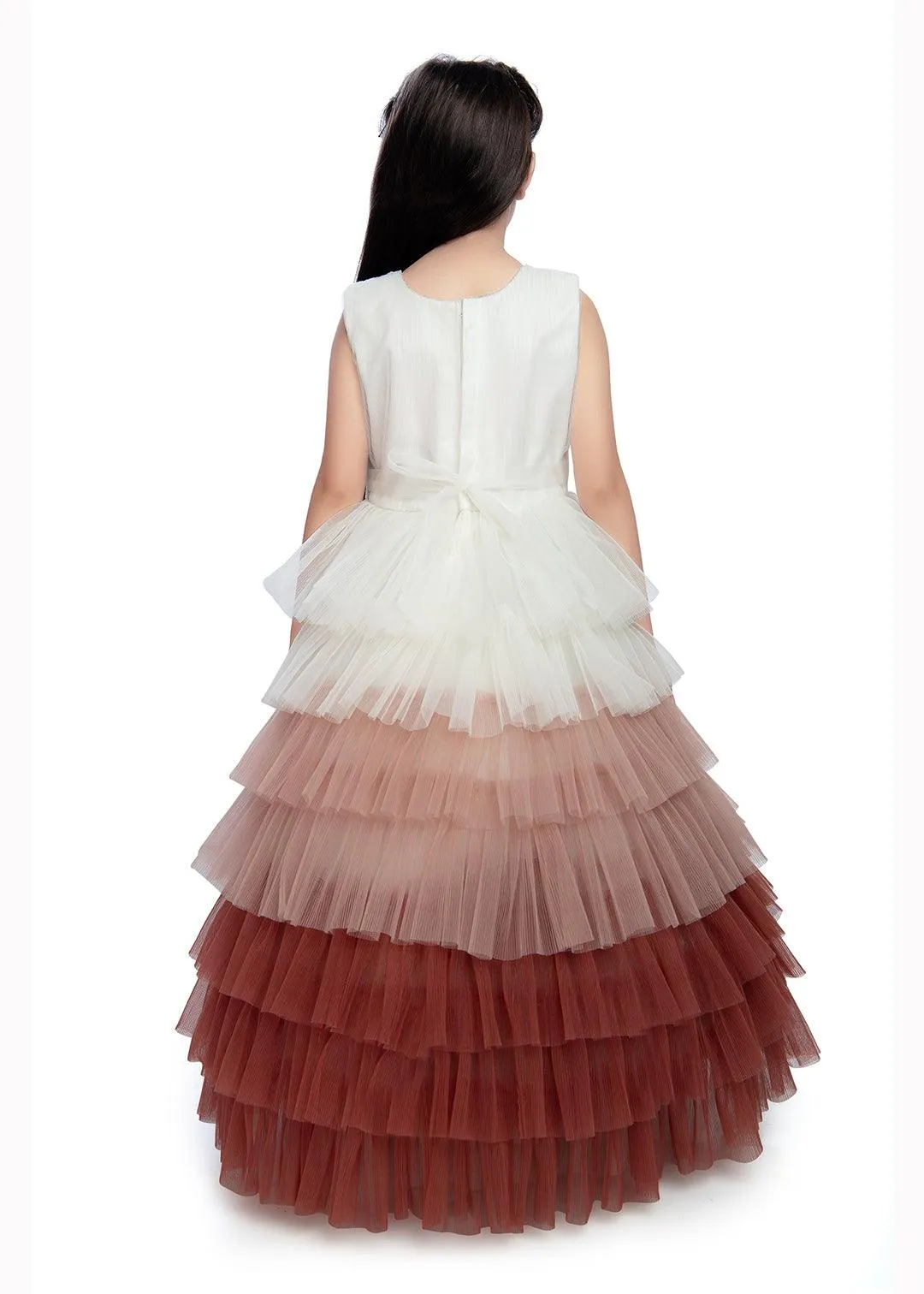 Rust Coloured Layered Pattern Maxi Dress Gown For Girls