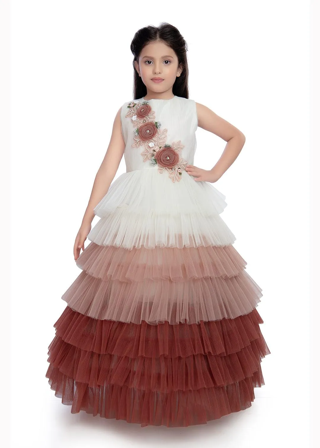 Rust Coloured Layered Pattern Maxi Dress Gown For Girls