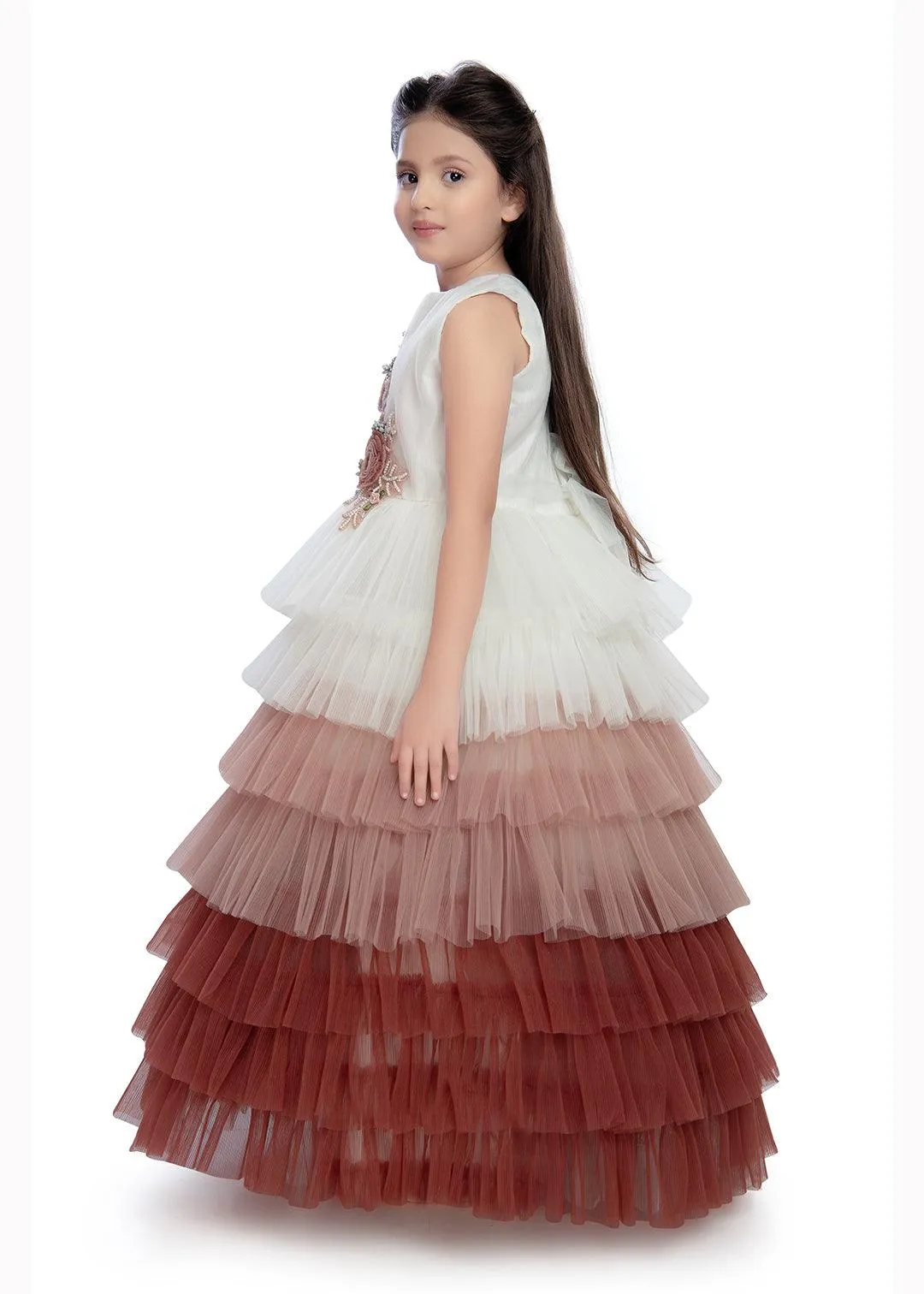 Rust Coloured Layered Pattern Maxi Dress Gown For Girls