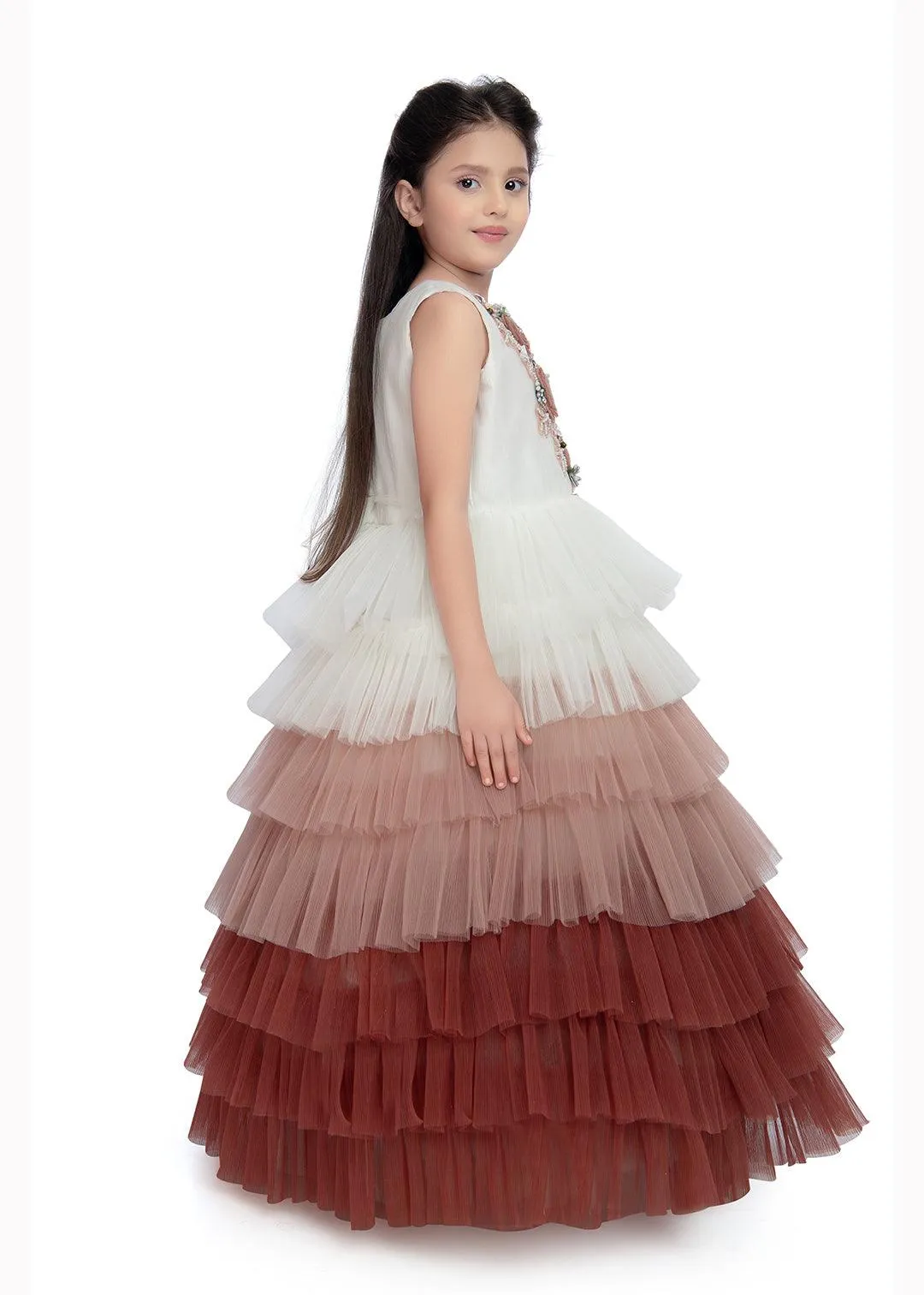 Rust Coloured Layered Pattern Maxi Dress Gown For Girls