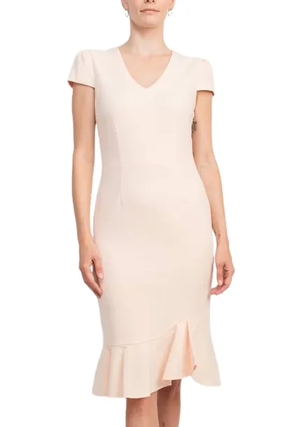 Sage Collective V-Neck Cap Sleeve Bodycon Zipper Back Ruffled Hem Crepe Dress