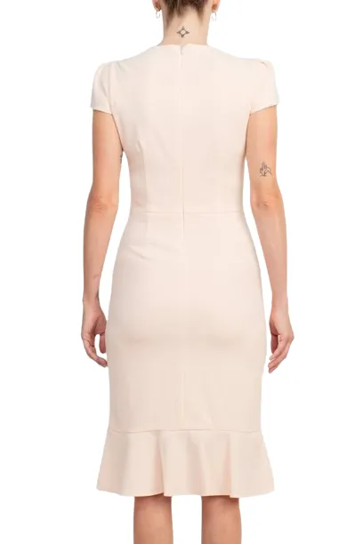 Sage Collective V-Neck Cap Sleeve Bodycon Zipper Back Ruffled Hem Crepe Dress