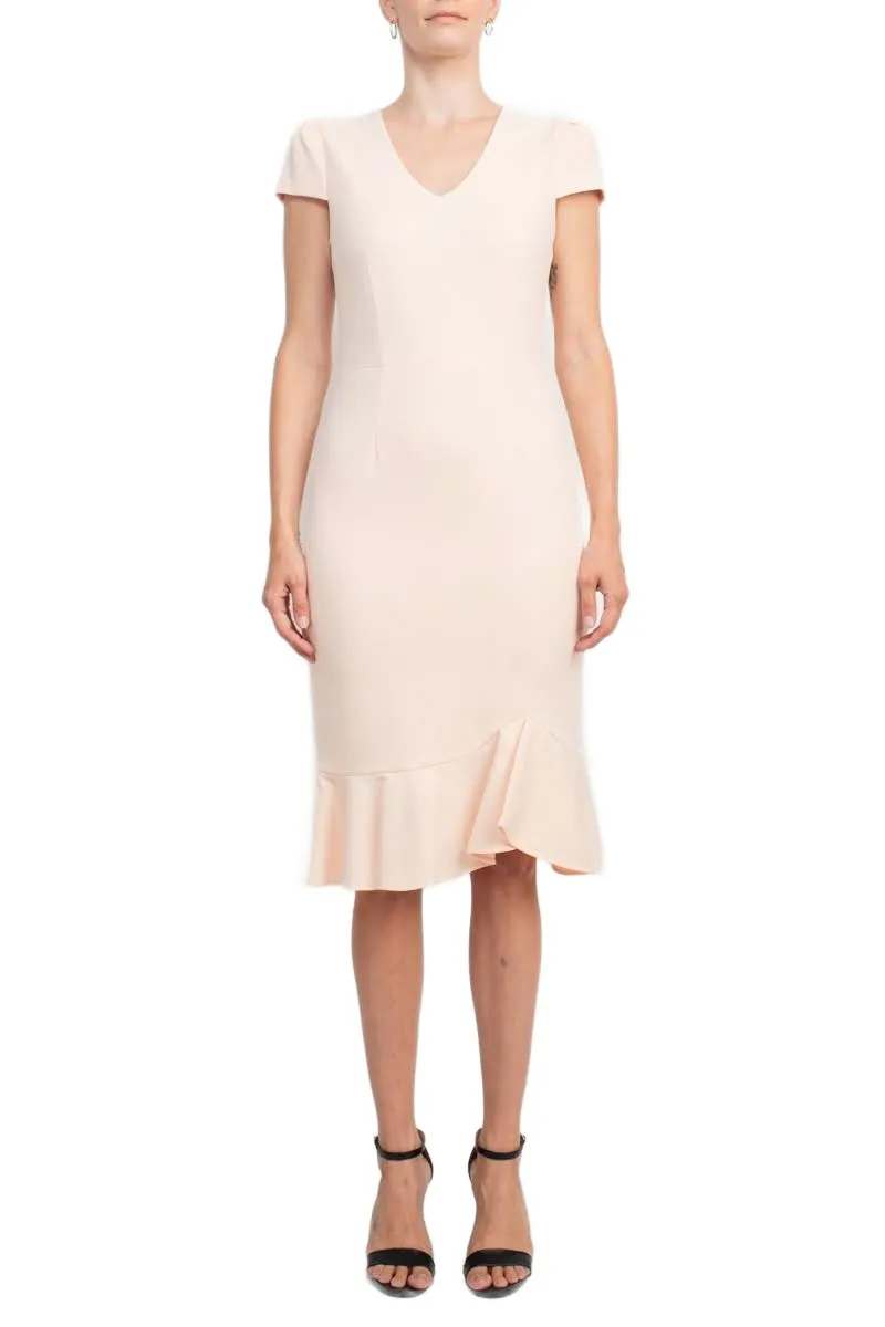 Sage Collective V-Neck Cap Sleeve Bodycon Zipper Back Ruffled Hem Crepe Dress