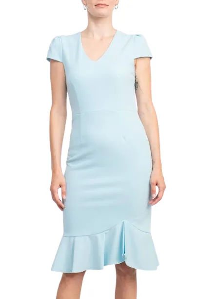 Sage Collective V-Neck Cap Sleeve Bodycon Zipper Back Ruffled Hem Crepe Dress