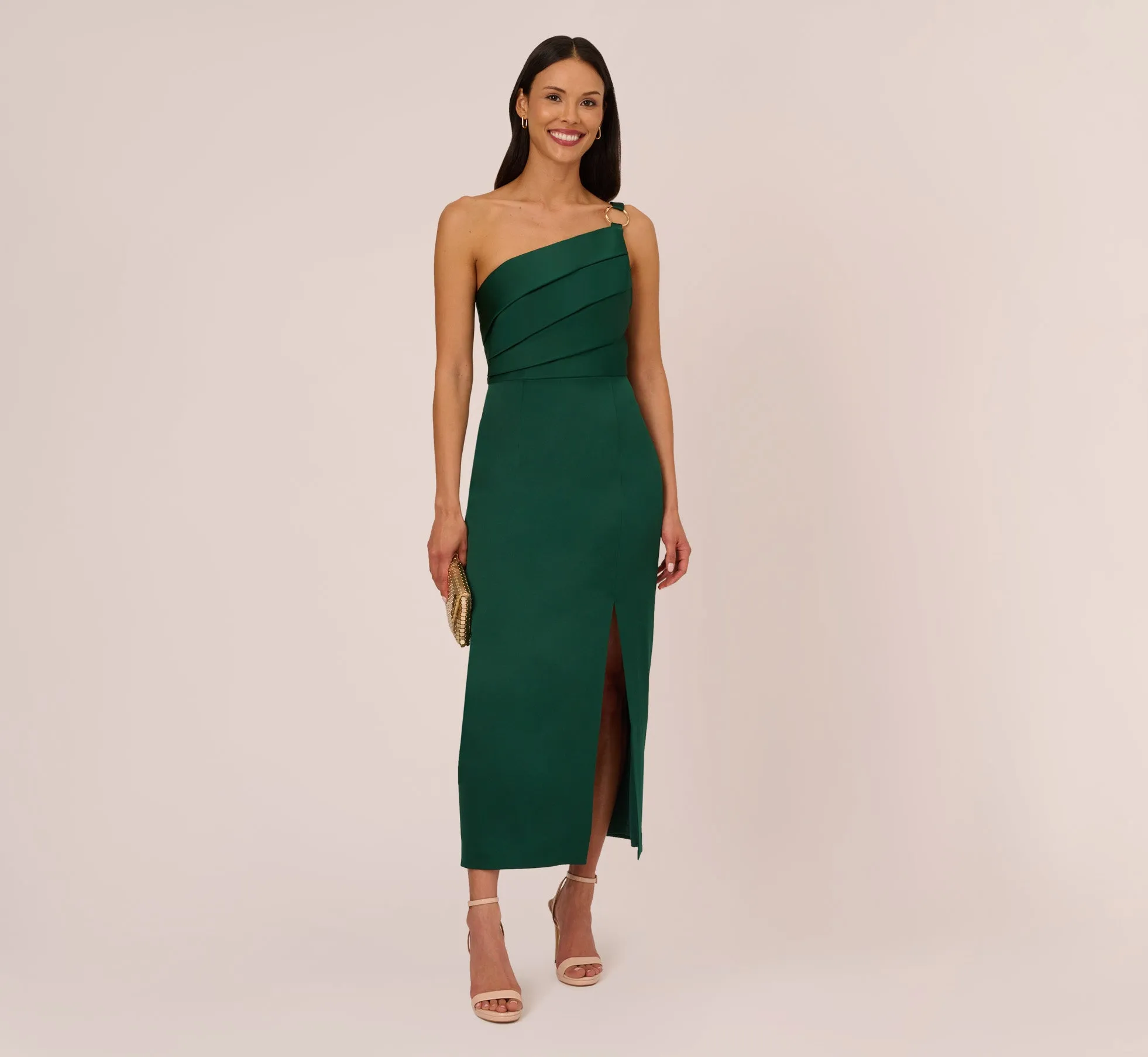 Satin Crepe One Shoulder Gown With Metal Ring Accent In Deep Forest