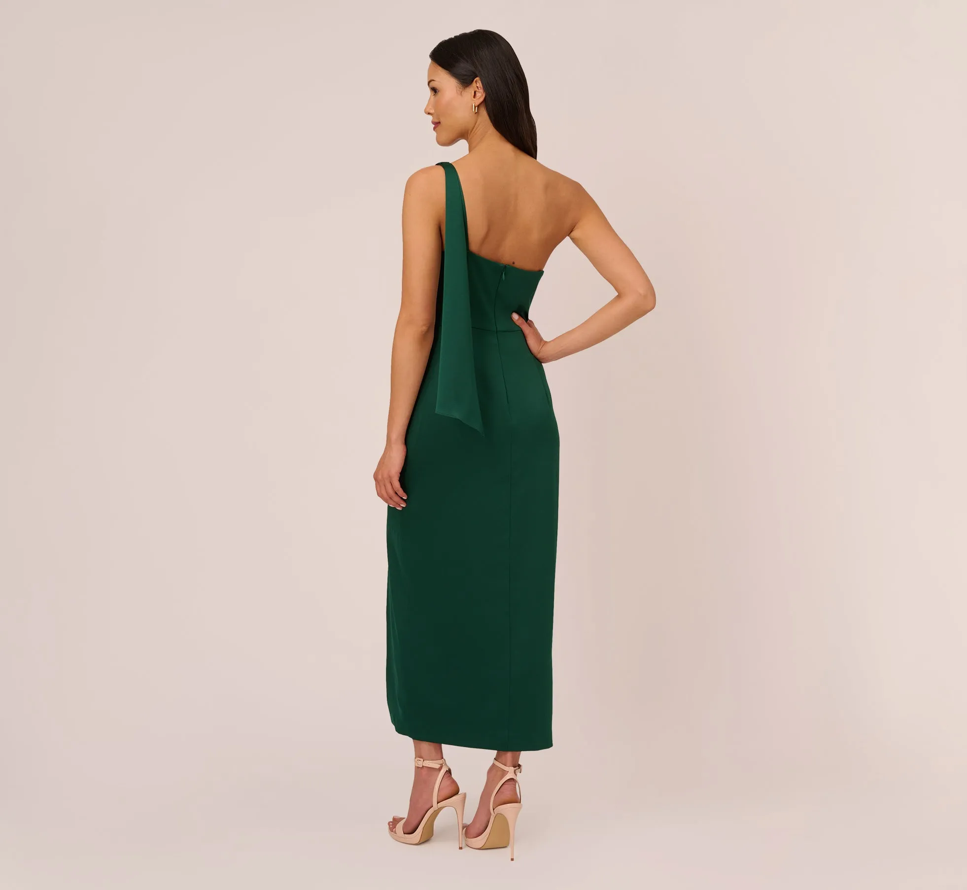 Satin Crepe One Shoulder Gown With Metal Ring Accent In Deep Forest