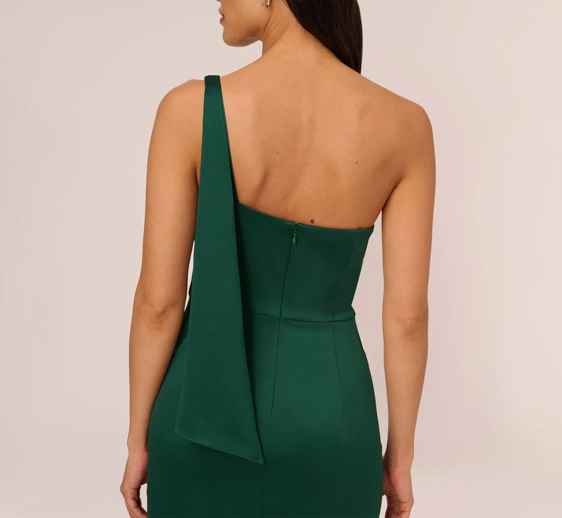 Satin Crepe One Shoulder Gown With Metal Ring Accent In Deep Forest